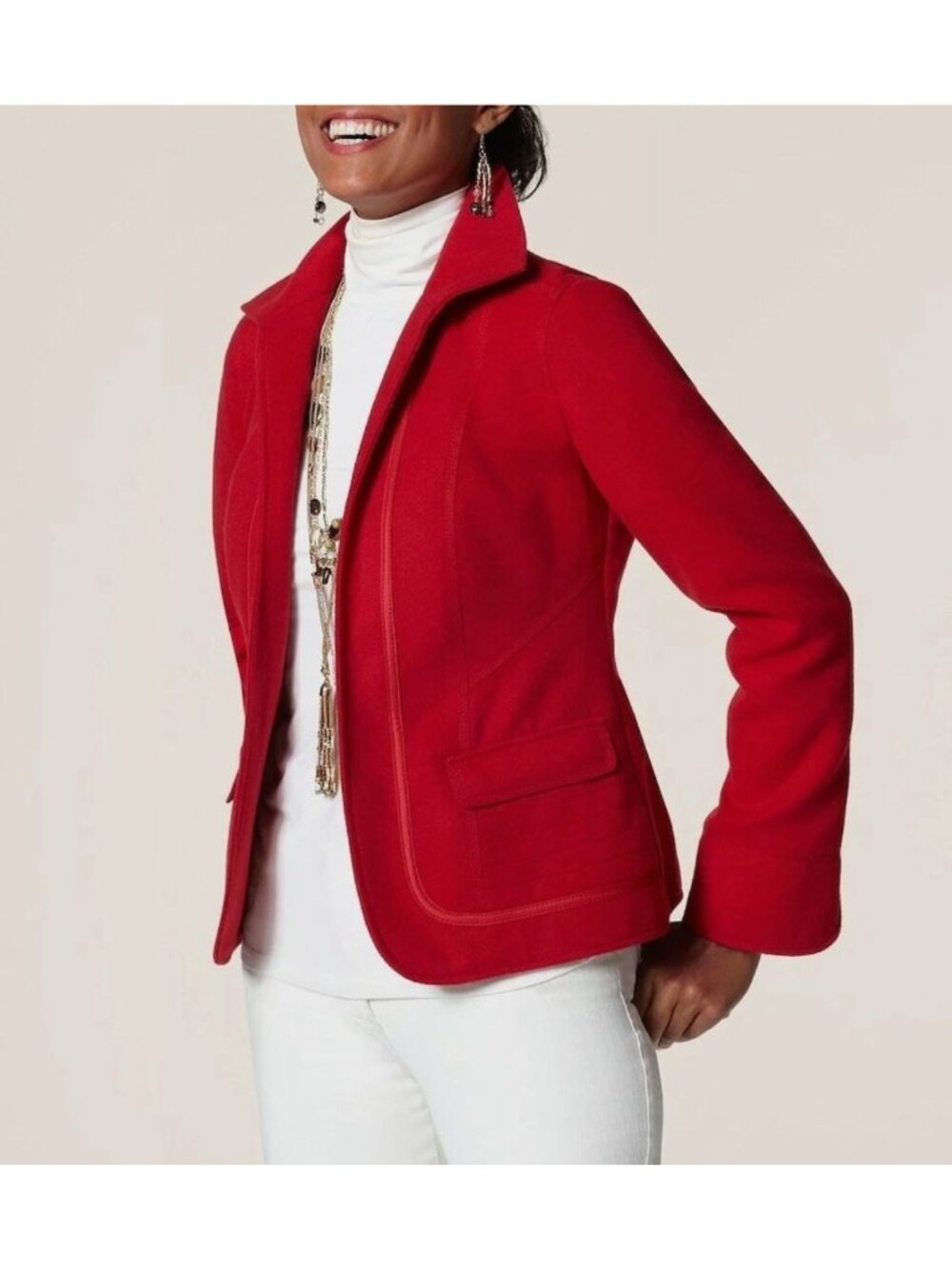 Chico's Size 1 = Medium/8 Red Knit Open Front Jacket Flap Pockets Fall Winter